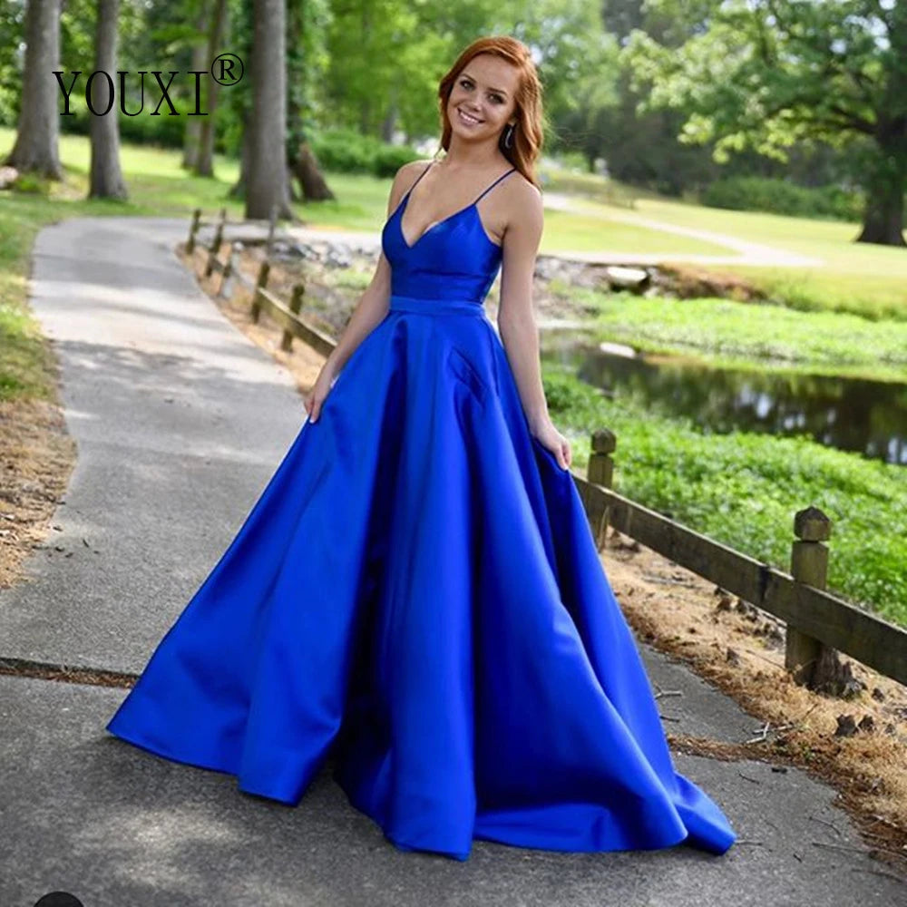 Royal Blue Prom Dresses with Pockets Sexy Spaghetti Straps V Neck A-Line Satin Formal Gown for Women