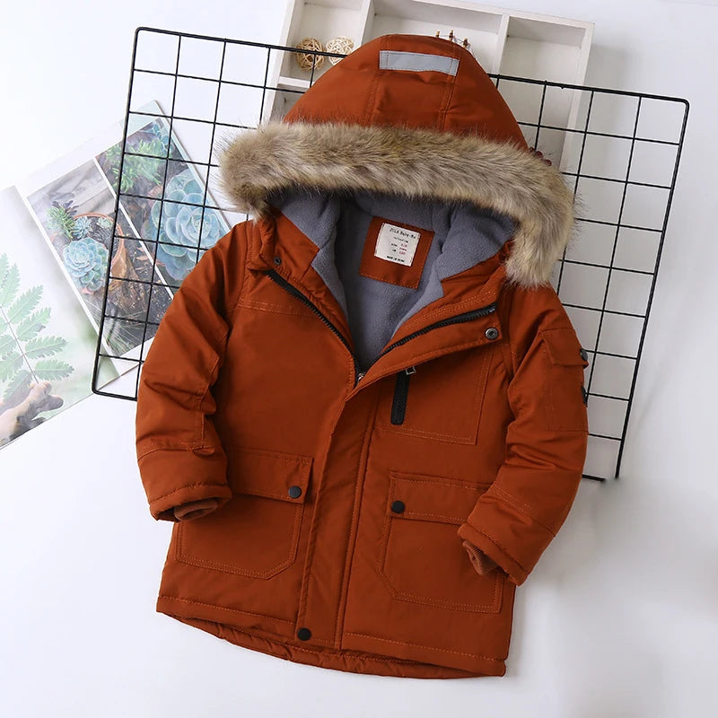 Boys Coats Autumn Winter Fashion Hooded Fur Children's Plus Velvet Warming Cotton Outerwear For Kids Jacket 5-14 Years