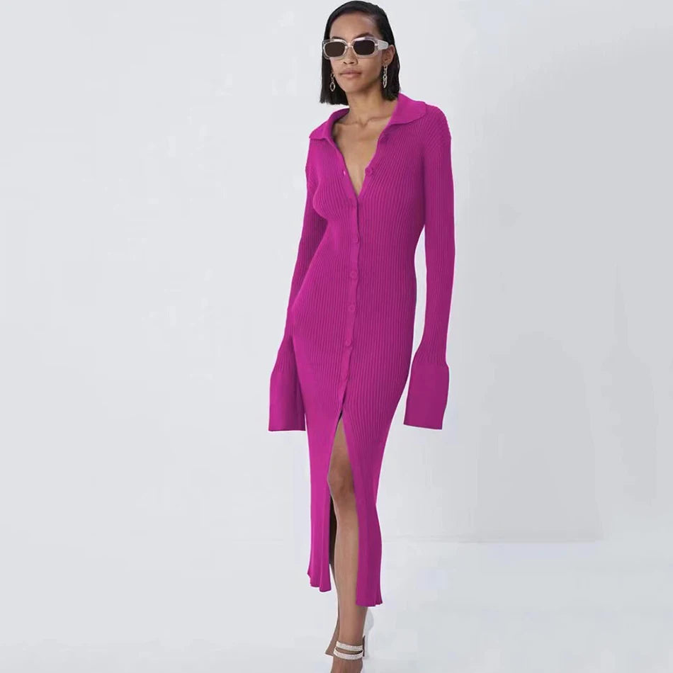 2025  Autumn Bodycon Dress Sweater Knitted Green Women Sexy Midi Split V Neck Long Sleeve Casual Dresses Party Vestidos