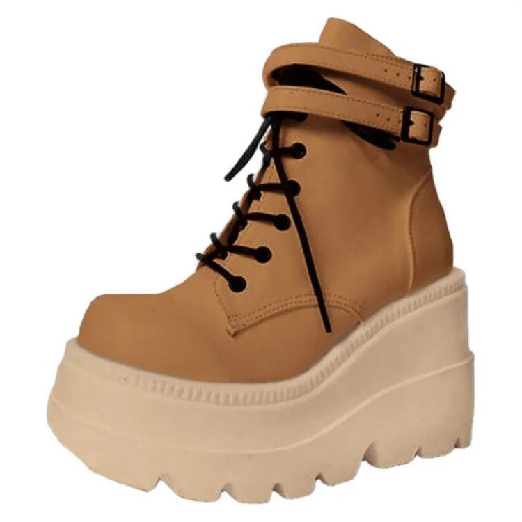 Big Sizes 43 Platform High Heels Cosplay Fashionable Autumn Winter Wedges Shoes Ankle Boots Women Booties PU brown