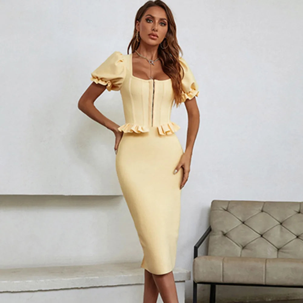 Arrival Women Autumn Sexy Short Sleeve Zipper Yellow Midi Bodycon Bandage Dress 2021 Elegant Evening Party Dress Vestido