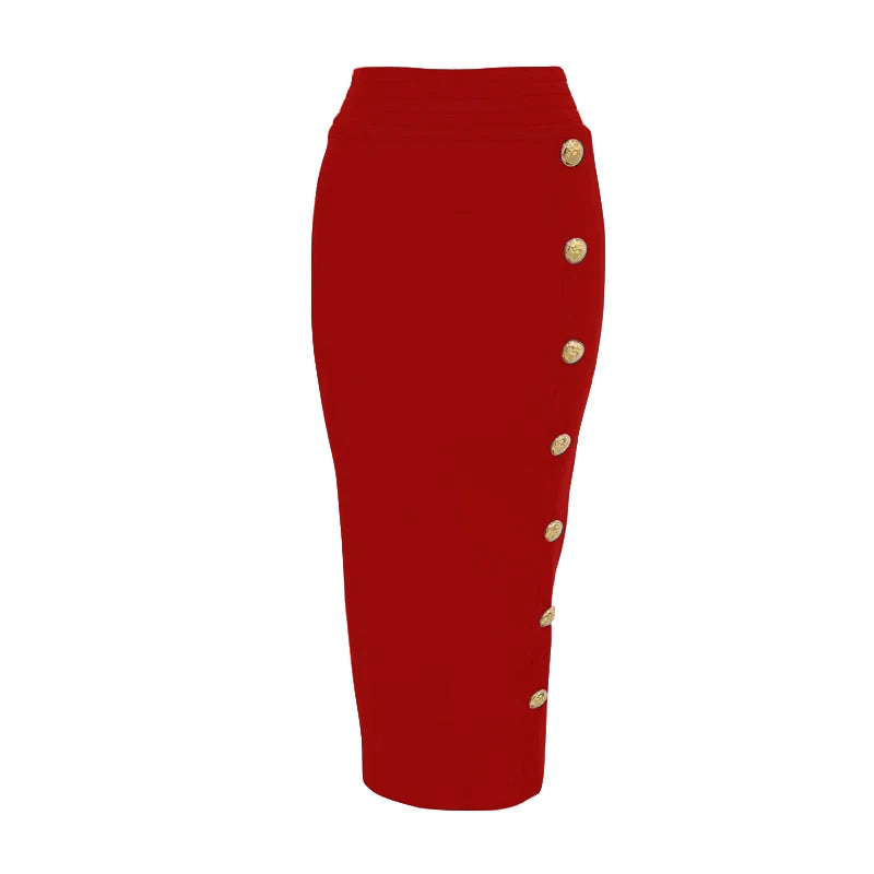 Arrival Women Button Black Blue Red Bodycon Bandage Skirt Designer High Waist High Street Party Club Pencil Skirt 75cm Red