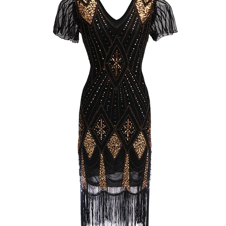 Embellished Beaded Sequin Dress Robe Vestidos Women 1920s Flapper Dress Vintage V Neck Butterfly Sleeve Long Great Gatsby Dress