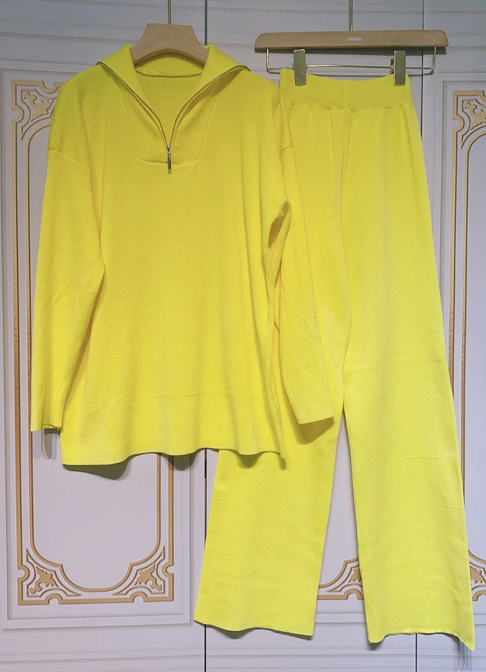 2024 Casual Autumn Loose Knit Sweater Set Fashion Zip Lapel Long Sleeve Pullover Sweater & Straight Pants Two-piece Set