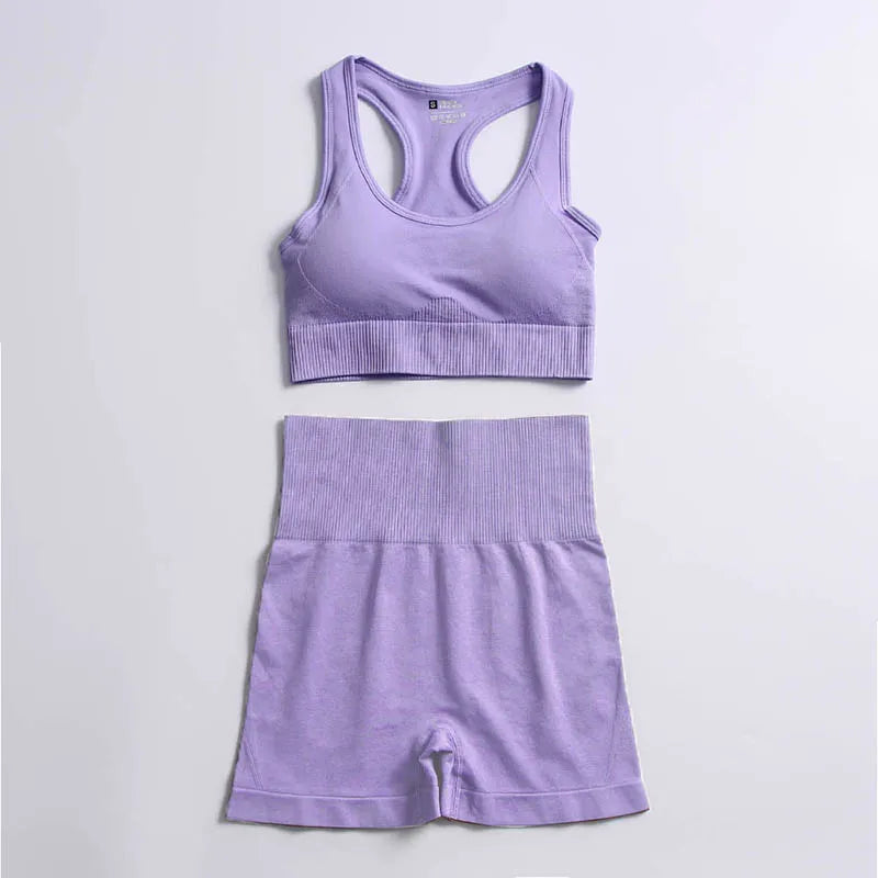 2pcs seamless hyperflex workout sport outfits for women sportswear athletic clothes gym Long Sleeve Crop Top High Waist Leggings Bra shorts Purple
