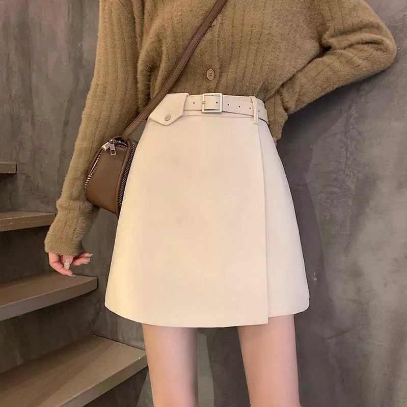 With Belt Autumn and Winter High Waist A- line Skirt Black Skirt for Women Woman Skirts Faldas Jupe Rice white