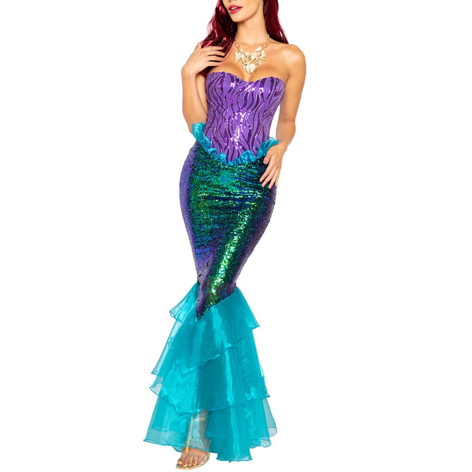 Women Mermaid Princess Carnival Halloween Costumes Ruffle Sequins Long Tail Fancy Clothing Sexy Cosplay Party Deluxe Vestidos
