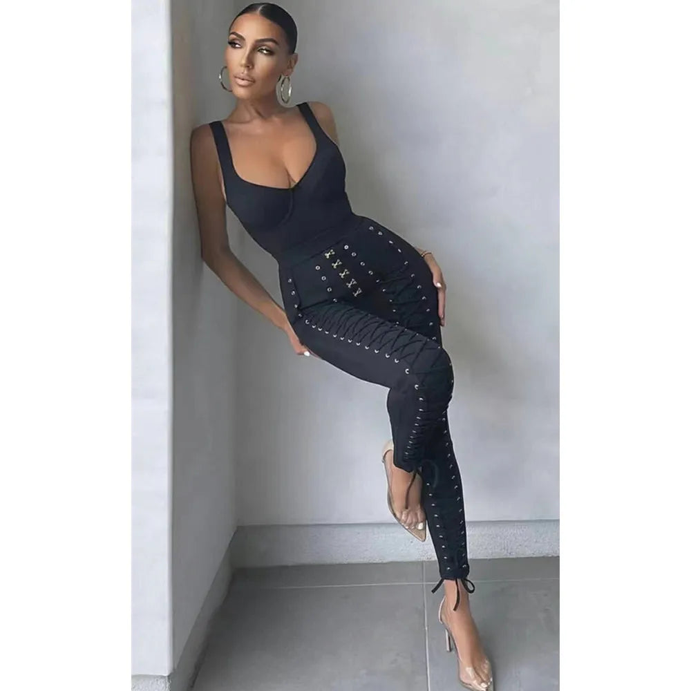 Macacão preto e branco sem mangas com faixa de rayon e coquetel para festa bodycon