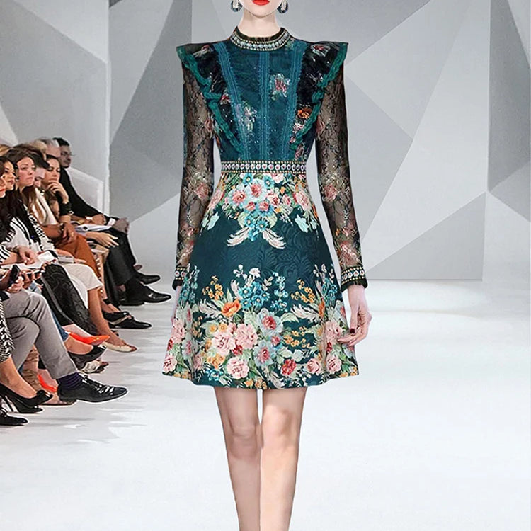 Spring Fashion Runway Flower Jacquard Dress Women's Beading Stand Long Sleeve Ruffles Lace Stitching Vintage Party Vestidos