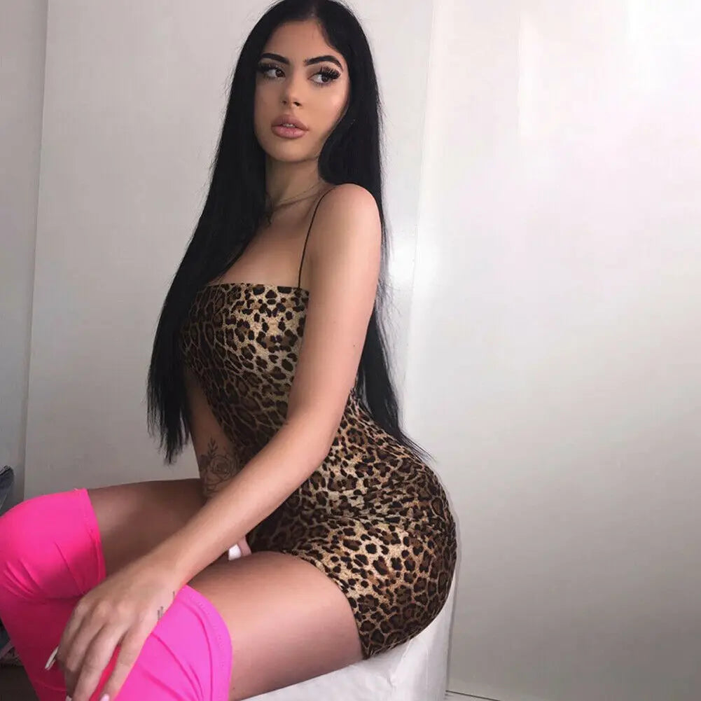 Combhasaki Women Sexy Bodycon Spaghetti Strap Sleeveless Beach Dress Leopard/ Tiger Pattern Print Short Mini Dress