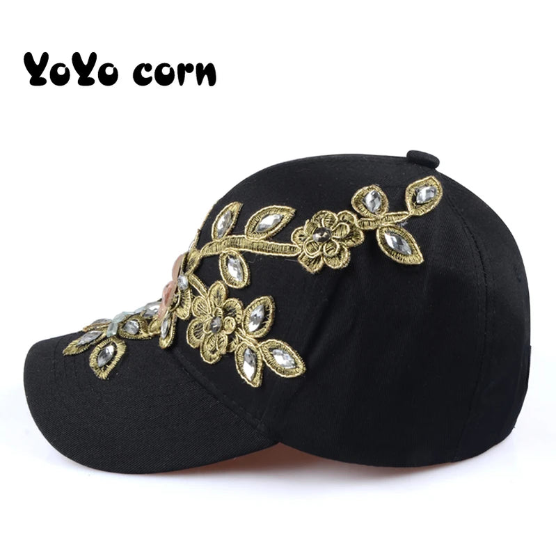 YOYOCORN Baseball Cap With Flower Canvas Snapback Caps For Women Female Cap Hat High Quality Rhinestone Denim Cap