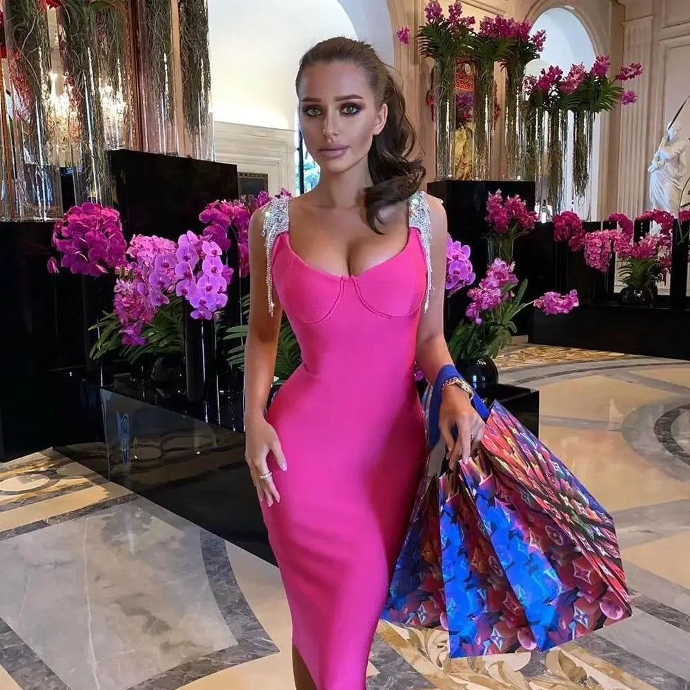 Vestido bandage de rayon preto e rosa com mangas de borla e elegante vestido de festa de coquetel