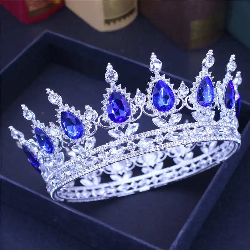 Crystal Queen King Tiaras and Crowns Bridal Diadem For Bride Women Headpiece Hair Ornaments Wedding Head Jewelry Accessories Silver Plated Navy