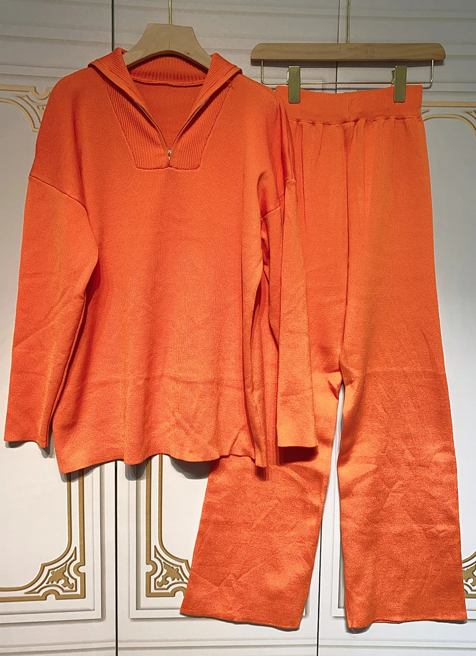 2024 Casual Autumn Loose Knit Sweater Set Fashion Zip Lapel Long Sleeve Pullover Sweater & Straight Pants Two-piece Set