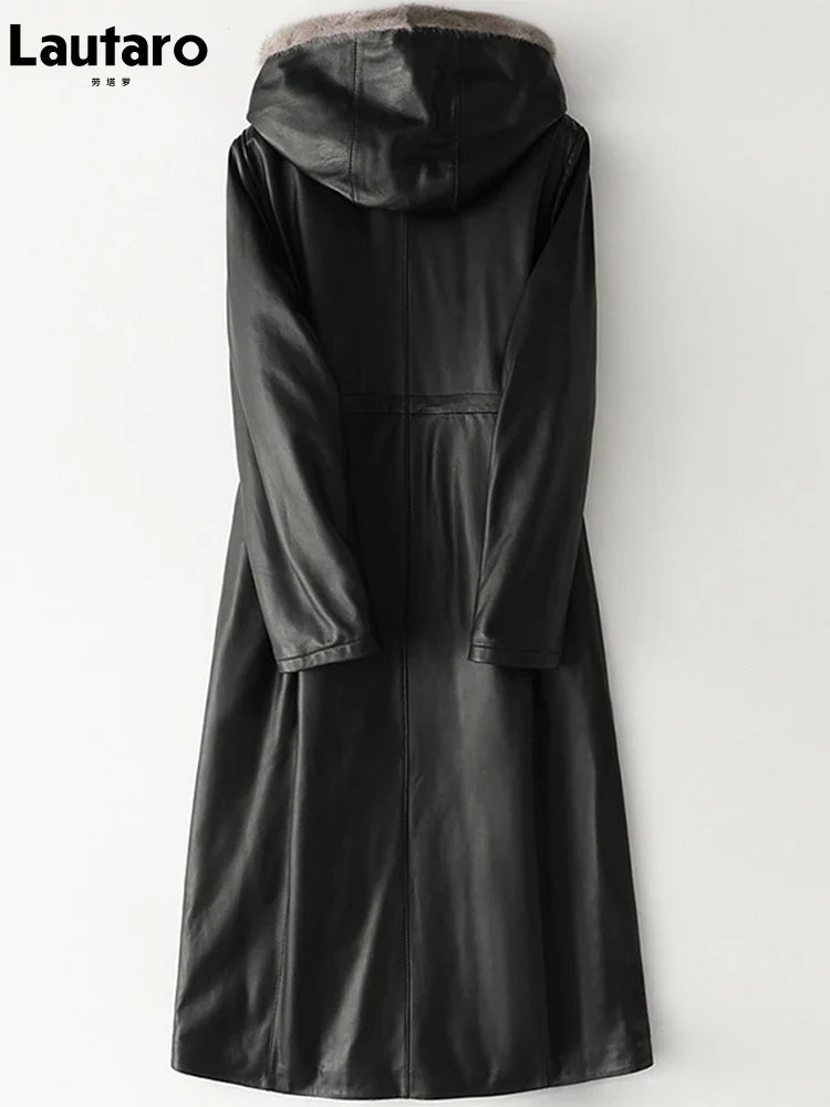 Winter Long Warm Thick Black Leather Coat Women with Fur Inside Elegant Luxury Faux Fur Lined Jacket Parka Fashion 2021