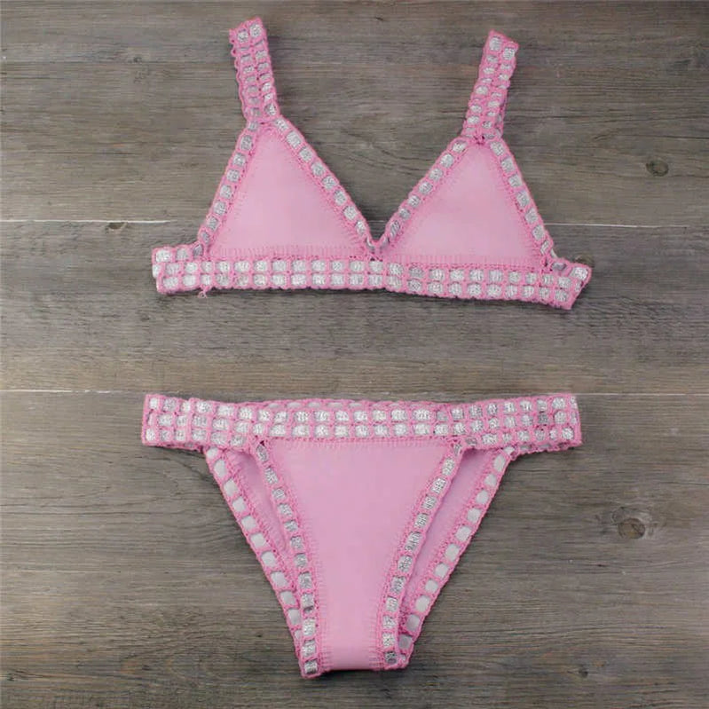 Sexy Bikinis Summer Women Swimsuit Hand Crocheted Bikini Set Swimwear Beach Bathing Suit Biquini Female Monokini Pink