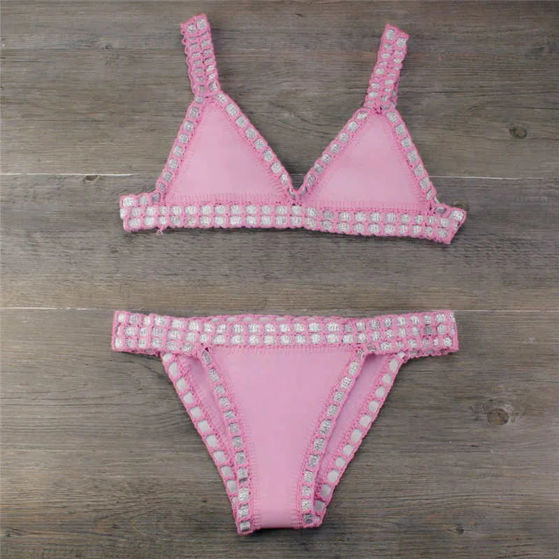 Sexy Bikinis Summer Women Swimsuit Hand Crocheted Bikini Set Swimwear Beach Bathing Suit Biquini Female Monokini Pink