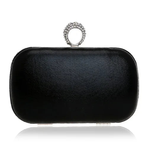 Fashion Finger Ring Women Metal Clutch Bags Diamonds Satin Chain Shoulder Rhinestones Party Handbags Retro Golden Purse YM1015black Mini(Max Length<20cm)