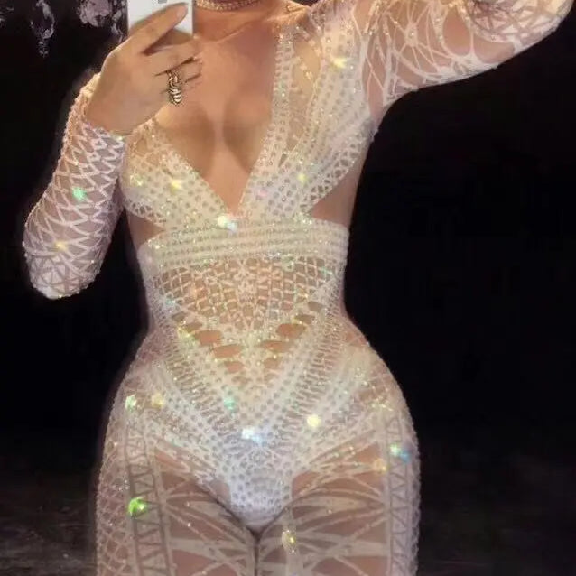 Sexy Stage White Jumpsuit Costume One-piece Nightclub Dance Outfit Party Wear Singer Stage Performance gogo singer Clothes