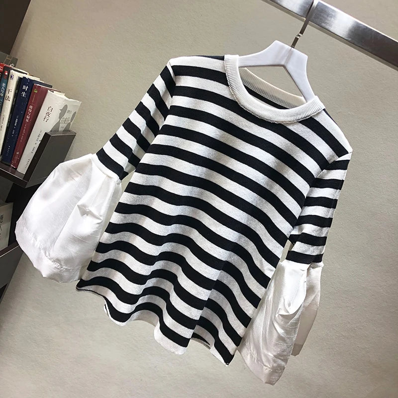 spring cute loose sweater womens fashion korean knitted shirts flare sleeve striped stitch pullovers women tops blusa pull stripe One Size