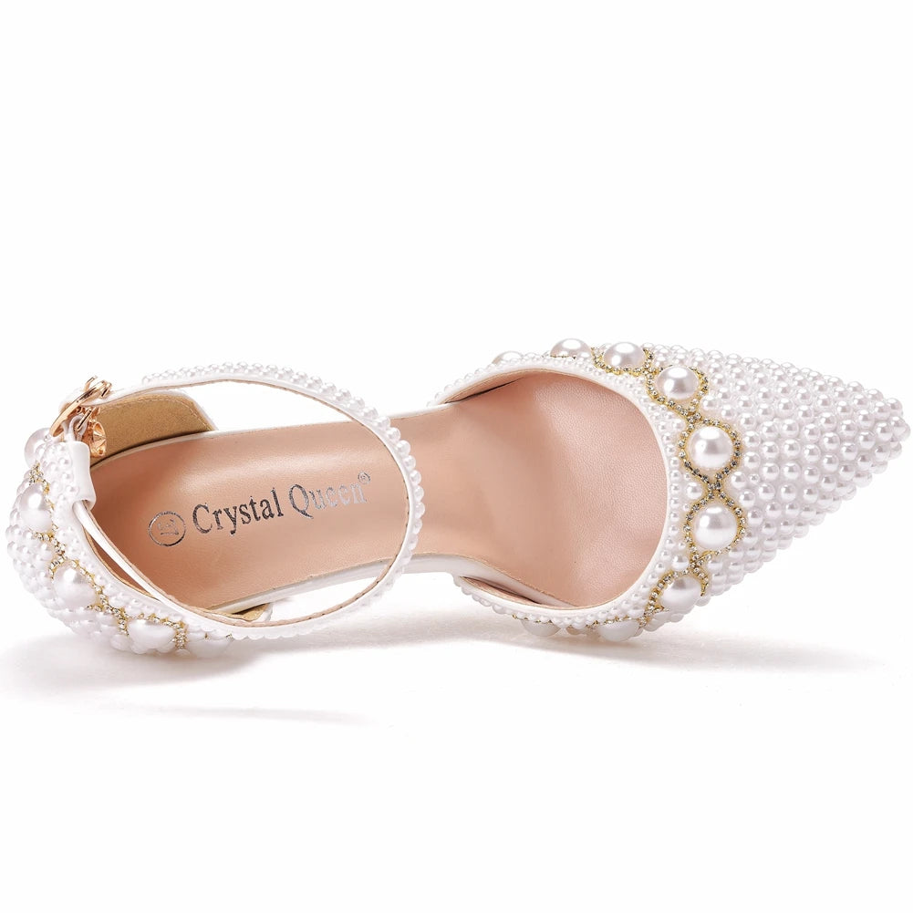 Crystal Queen Women Summer White Pearl Diamond Wedding Shoes High Heels Bride Dress Stiletto Show Party Sandals Pieces Buckles