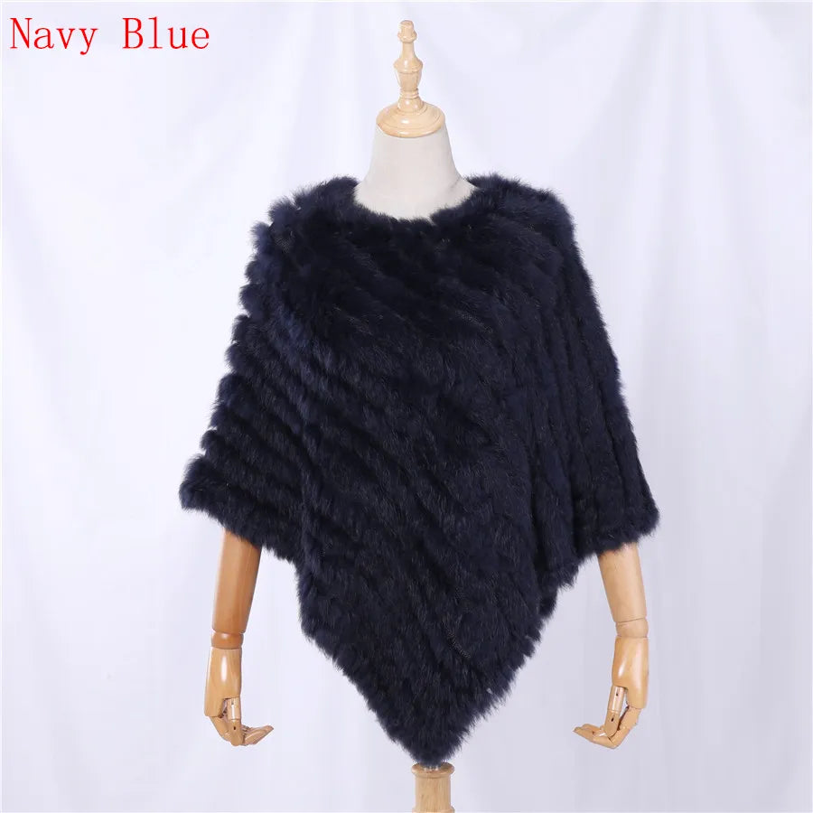 Rabbit Fur Knitted Natural Fur Poncho Fashion Wrap Coat Shawl Lady Scarf Natural Fur Wedding Party Wholesale Cape Navy Bule
