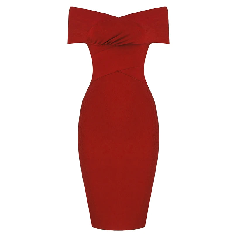 Summer Women Bodycon Sexy Off The Shoulder Rayon Bandage Dress Club Dress Midi Celebrity Party Dress