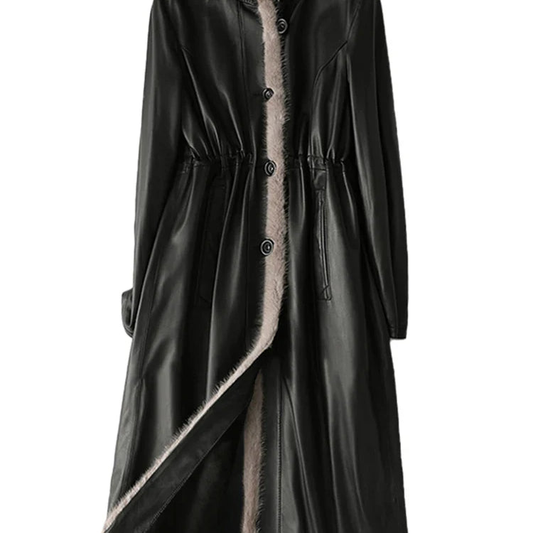 Winter Long Warm Thick Black Leather Coat Women with Fur Inside Elegant Luxury Faux Fur Lined Jacket Parka Fashion 2021