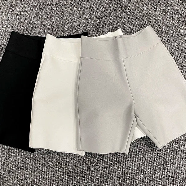 Calças de bandagem de rayon elásticas cinza preto e branco de celebridades de alta qualidade, shorts esportivos justos da moda