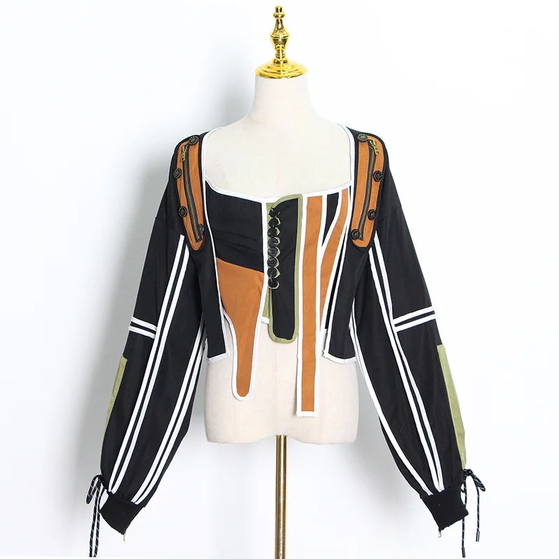 Casual Patchwork Hit Color Irregular Jacket Women Square Collar Lantern Long Sleeve Lace Up Female Coats Black