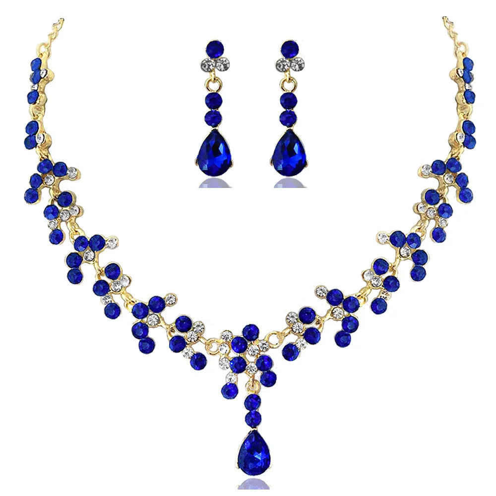 KMVEXO Crystal Bridal Wedding Jewelry Sets Women Gold Color Rhinestone Necklace Long Earrings Set Dress Accessories Bridesmaid X107 Blue