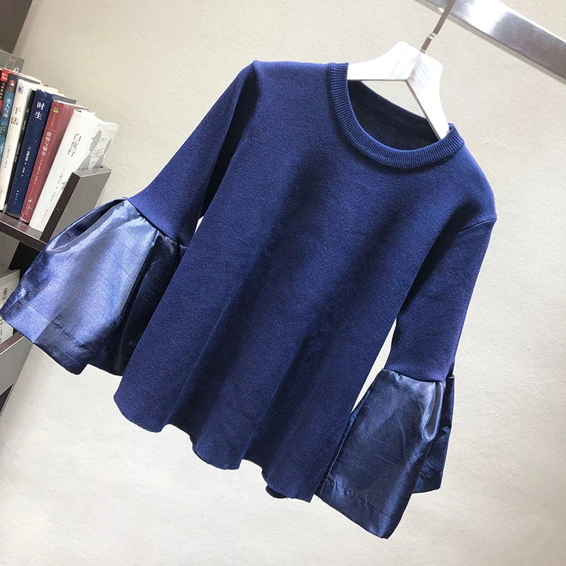 spring cute loose sweater womens fashion korean knitted shirts flare sleeve striped stitch pullovers women tops blusa pull blue One Size