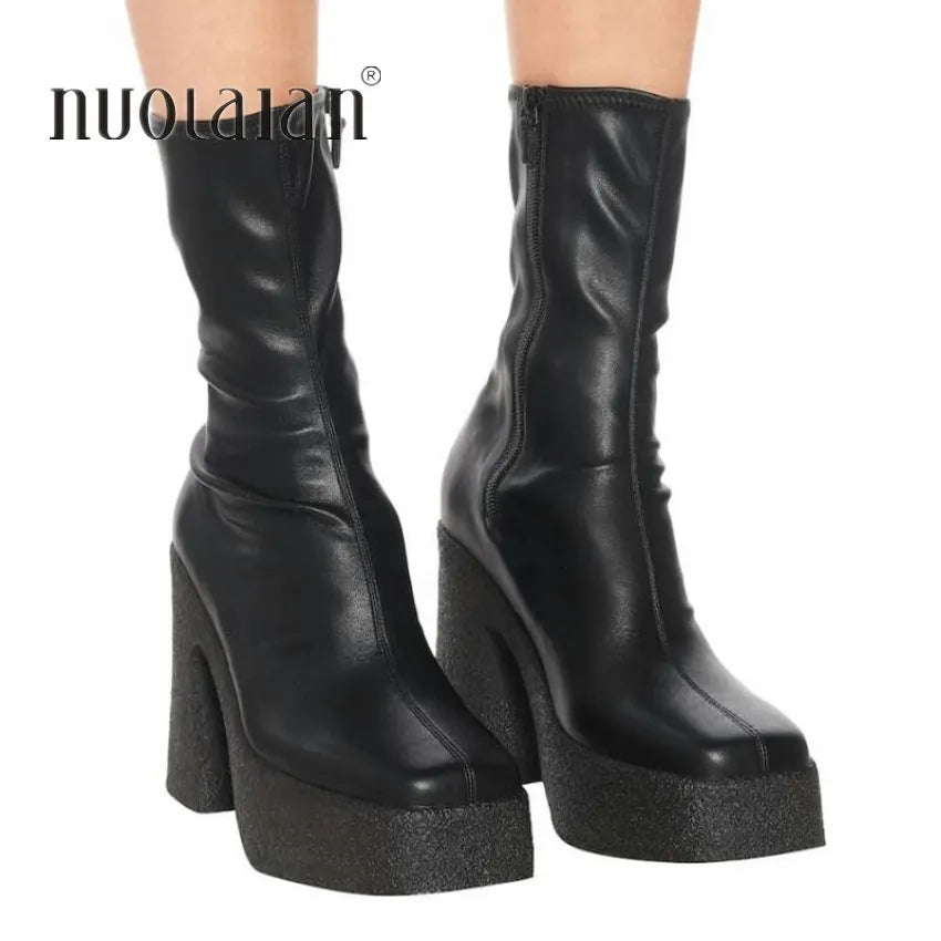 Ankle Boots Women Platform Boots Female Fashion Short Boot Black Chunky High Heel Women Shoes Big Size 42