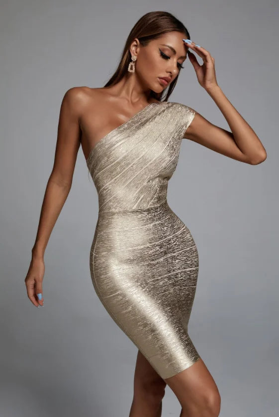 Vestido de celebridade com um ombro só, estampa dourada, rayon, bandagem, elegante, festa de clube