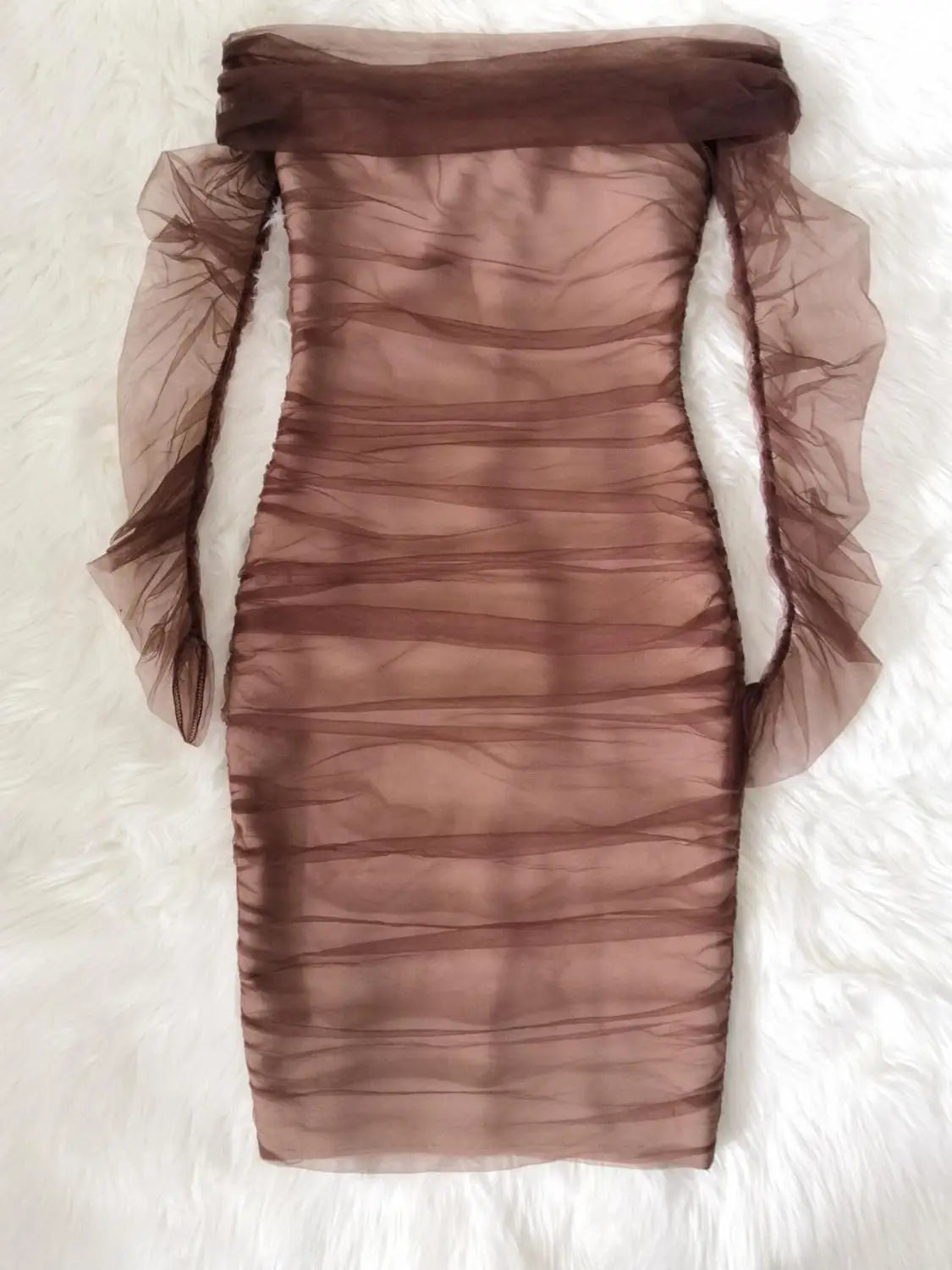 Vestido bandagem de rayon com manga de malha marrom e ombro de fora, elegante vestido de festa para clube