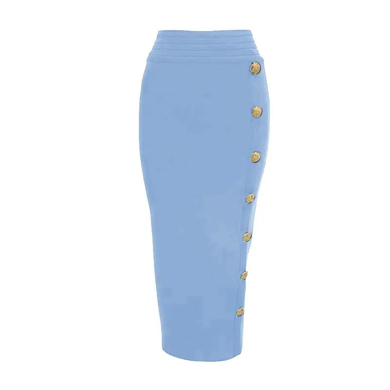 Arrival Women Button Black Blue Red Bodycon Bandage Skirt Designer High Waist High Street Party Club Pencil Skirt 75cm SKY BLUE