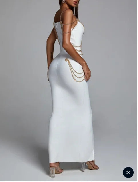Vestido longo preto e branco com alças finas e decote em V, bandagem dividida, justo, para celebridades, clube, festa