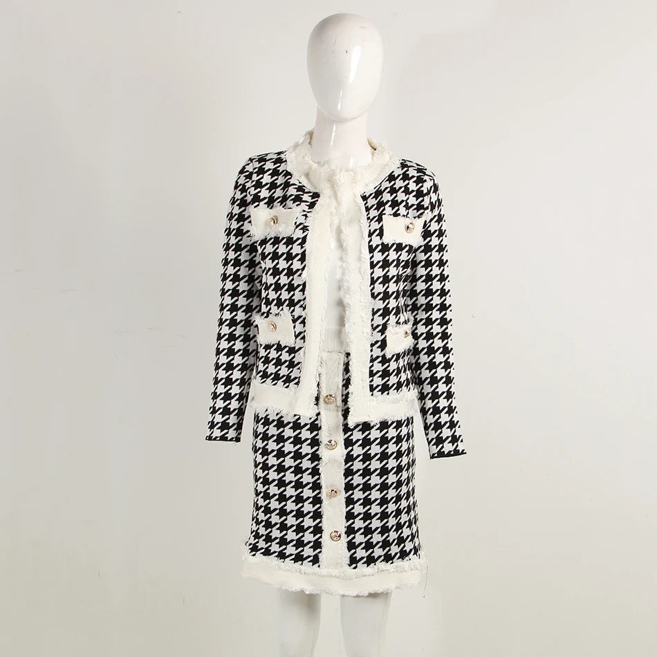2025 Autumn Women'S Houndstooth Tweed 2 Piece Sets Of Sexy Long-Sleeved Round Neck Button Coat + Short Pencil Skirt Party Suits