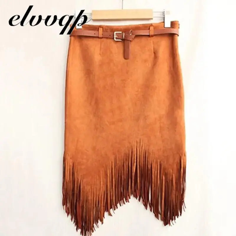 Multi Color Suede Sexy Midi Pencil Skirt Women Fashion High Waist Office Lady Bodycon Tassel Skirts With Belt Yellow