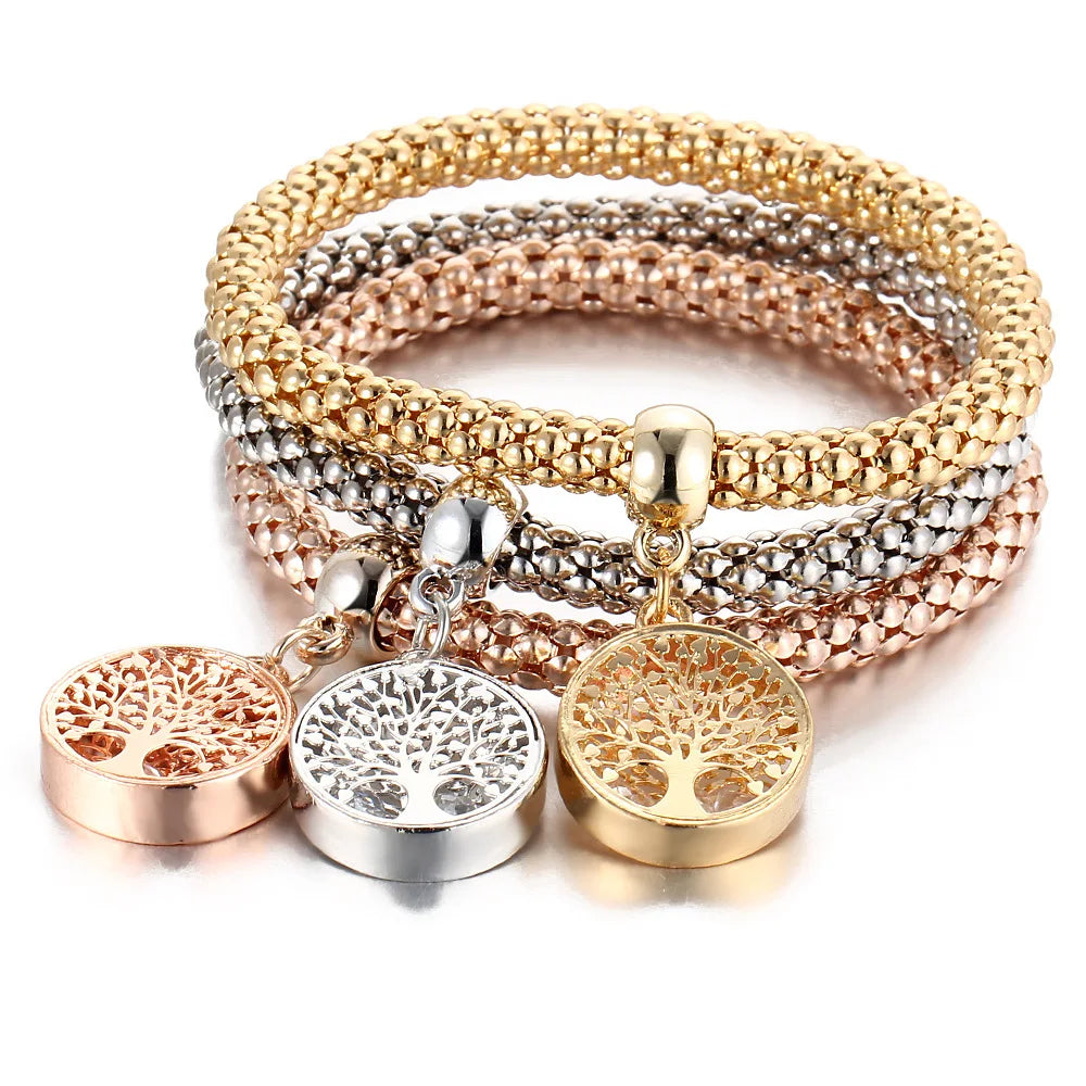 3Colors/Lot Tree Of Life Elastic Bracelet Set For Women Crystal Owl Key Lock Music Note Butterfly Heart Charm Bangle Jewelry