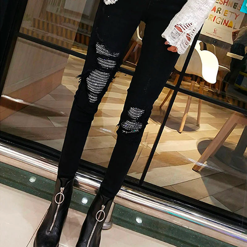 Spring Autumn Hole Sequined Jeans Women Streetwear High Elastic Stretch Skinny Pencil Pants Female Denim Trousers
