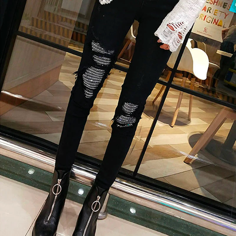 Spring Autumn Hole Sequined Jeans Women Streetwear High Elastic Stretch Skinny Pencil Pants Female Denim Trousers