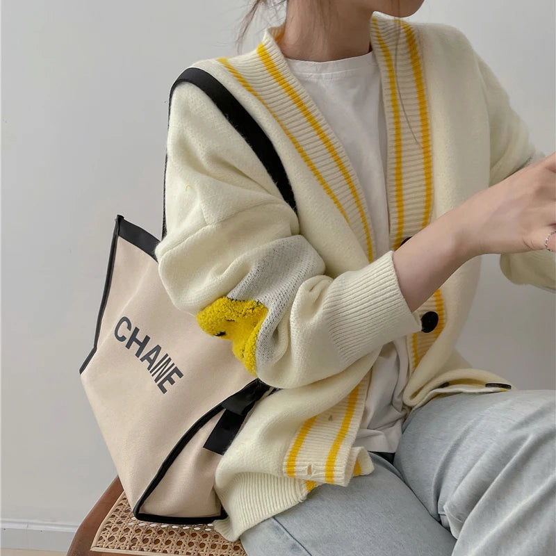 Women Oversized Thick Loose Knitted Cardigan Sweater Vintage Long Sleeve Button-up Female Outerwear Chic Tops Beige One Size