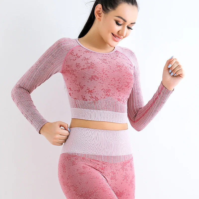Rid Seamless Yoga Set Women 2pcs Two Piece Long Sleeve Crop Top T-Shirt Leggings Outfit Clothes Gym Wear Fitness Suit Sport Sets Red Set