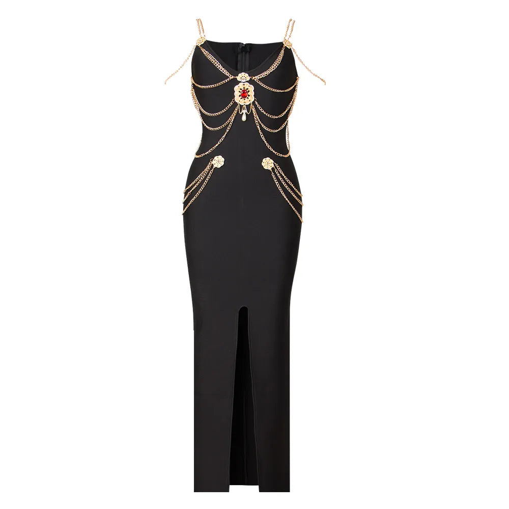 Black White Color Ladies HL Bandage Dress Strap Sexy Rayon Bodycon Long Dress Celebrity Fashion Red Carpet Dress black