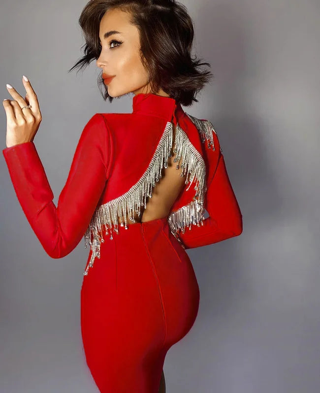 Red Black Sexy Fashion Sparkly Backless Diamonds Tassel Rayon Bandage Dress Cocktail Party Dress Vestidos