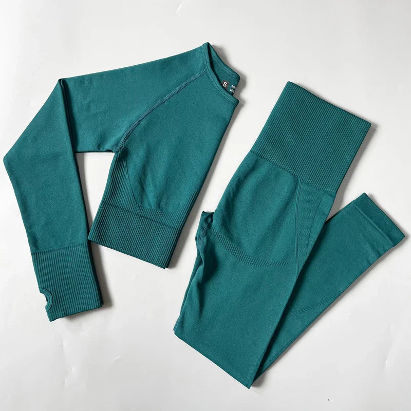 2/3/4PCS Seamless Women Yoga Set Workout Sportswear Gym Clothes Fitness Long Sleeve Crop Top High Waist Leggings Sports Suit Shirts Pants Green