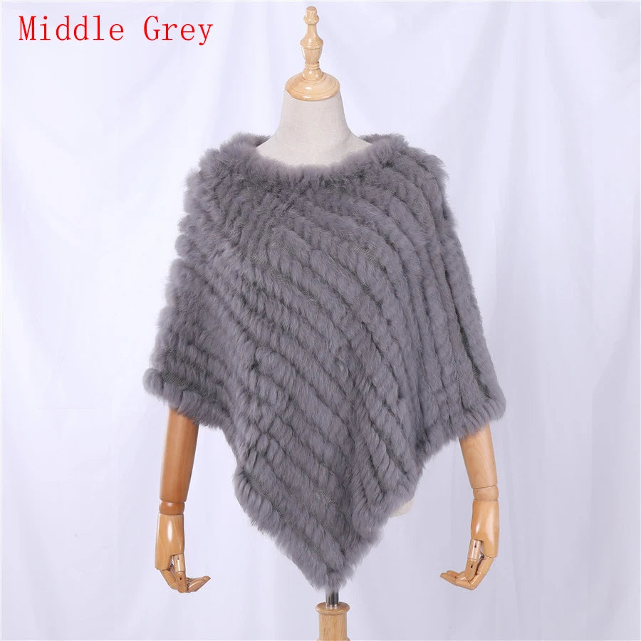 Rabbit Fur Knitted Natural Fur Poncho Fashion Wrap Coat Shawl Lady Scarf Natural Fur Wedding Party Wholesale Cape Middle Grey