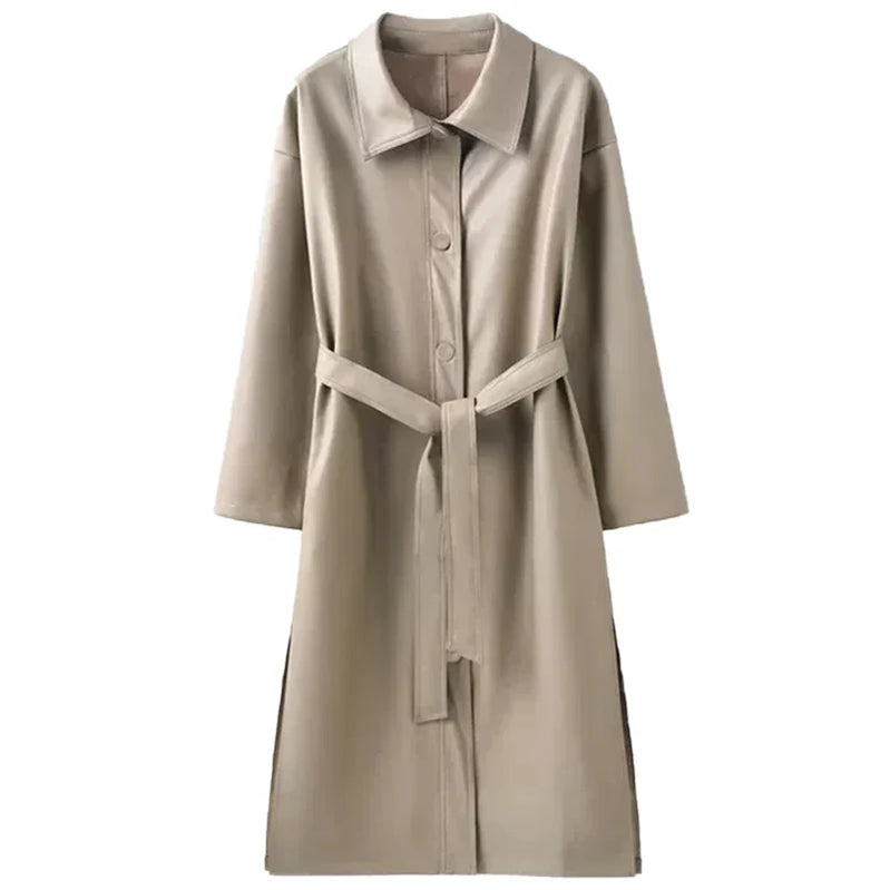 Autumn Long Black Cool PU Leather Trench Coat for Women Belt Single Breasted Loose Korean Fashion Wholesale Clothes 2022
