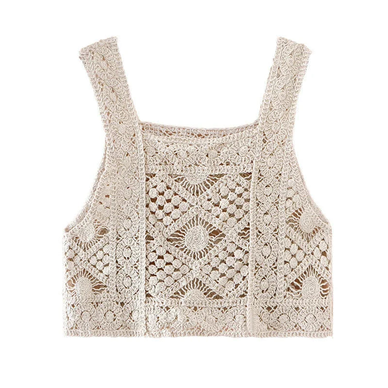 Women Vintage Crochet Camisole Bohemian Hollow Out Geometry Floral Knitted Vest Slim Sleeveless Crop Top Beachwear Apricot One Size